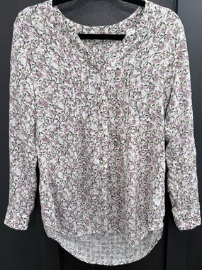 Women’s White Floral Pintuck Blouse - Pink & Green Print